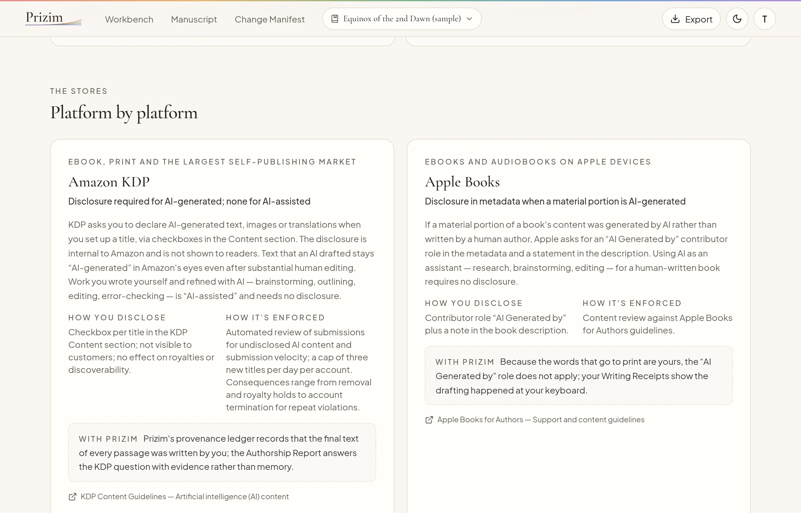 The AI and the publishing platforms page: cards for Amazon KDP and Apple Books with how to disclose, how it's enforced and what Prizim does.